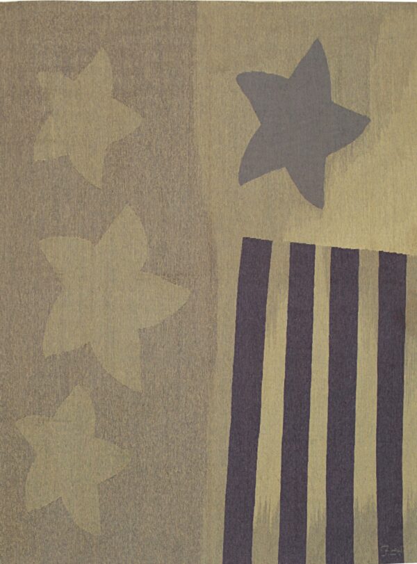 Abstract rug pattern featuring stars and bold vertical stripes in taupe, muted green, and dark gray.