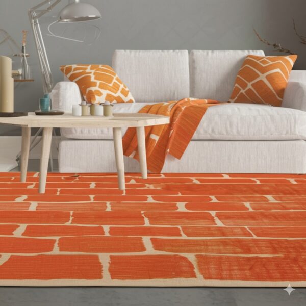 A bright orange and cream rug with a painted brick pattern lies under a light wood coffee table and white sofa.