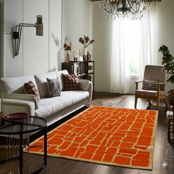Low pile orange rug patterned with irregular tan rectangular blocks on dark wood floors.