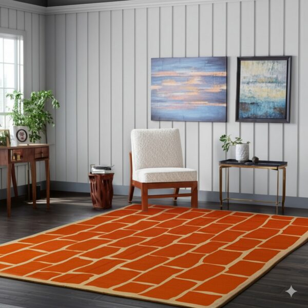 Orange brick-pattern rug on dark wood floors complements light gray paneled walls and a cream accent chair.