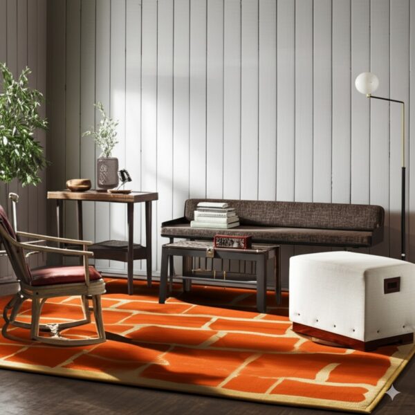 Orange rug with a cream brick pattern lies under modern furniture against light vertical wall paneling.