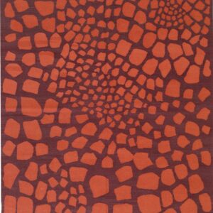 Abstract low-pile rug with rust-colored organic shapes converging toward the center on a deep maroon background.