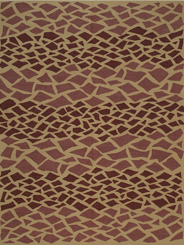 Tan rug with fragmented burgundy shapes forming alternating dark and light horizontal bands.