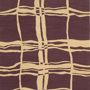 A flatweave rug with a distorted maroon and cream grid pattern.