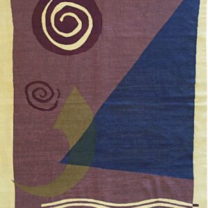 Abstract rug featuring bold spirals, triangles, and stripes in purple, navy blue, olive, and cream.