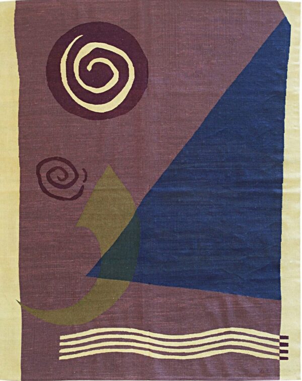 Abstract rug featuring bold spirals, triangles, and stripes in purple, navy blue, olive, and cream.