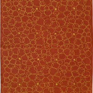 An orange and yellow rug with a flat texture and repeating pattern of large, overlapping circles.