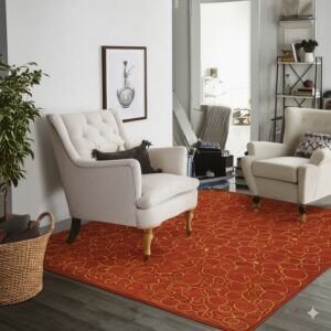 A rectangular burnt orange rug with a gold abstract pattern defines a sitting area with two white chairs.