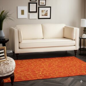 A vibrant orange rug with a gold abstract looping pattern sits under a cream sofa.