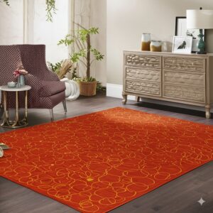 Orange rug with looping yellow lines covers dark flooring in a room with a patterned chair and carved dresser.