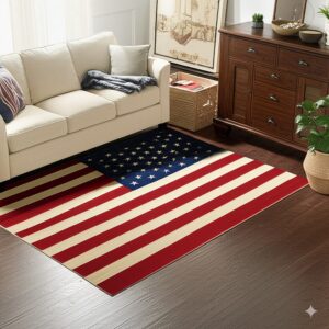 A low-pile rug patterned like the American flag is centered on dark wood floors under a cream sofa.