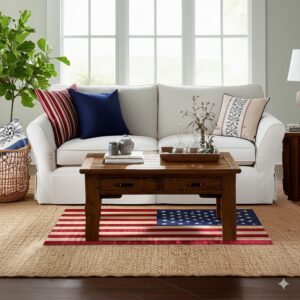 A red, white, and blue flag rug is layered over a large textured tan area rug in a bright room.