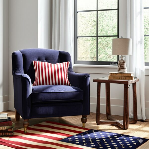 Red, white, and blue rug with a flag pattern sits beneath a navy armchair and dark wood end table.