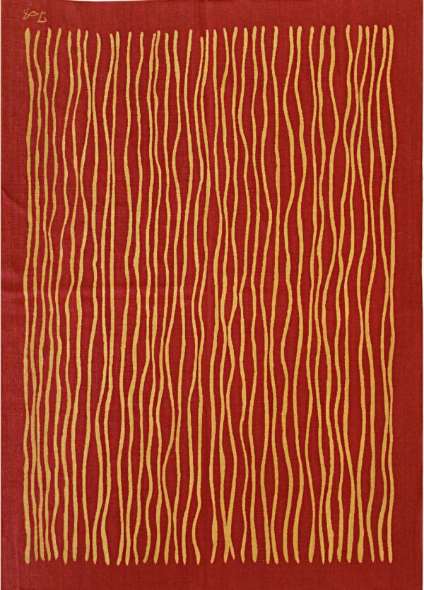 A flatweave rug featuring irregular gold vertical lines on a deep red background.