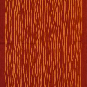 Flatweave textile featuring vertical wavy orange lines on a solid rust red background.