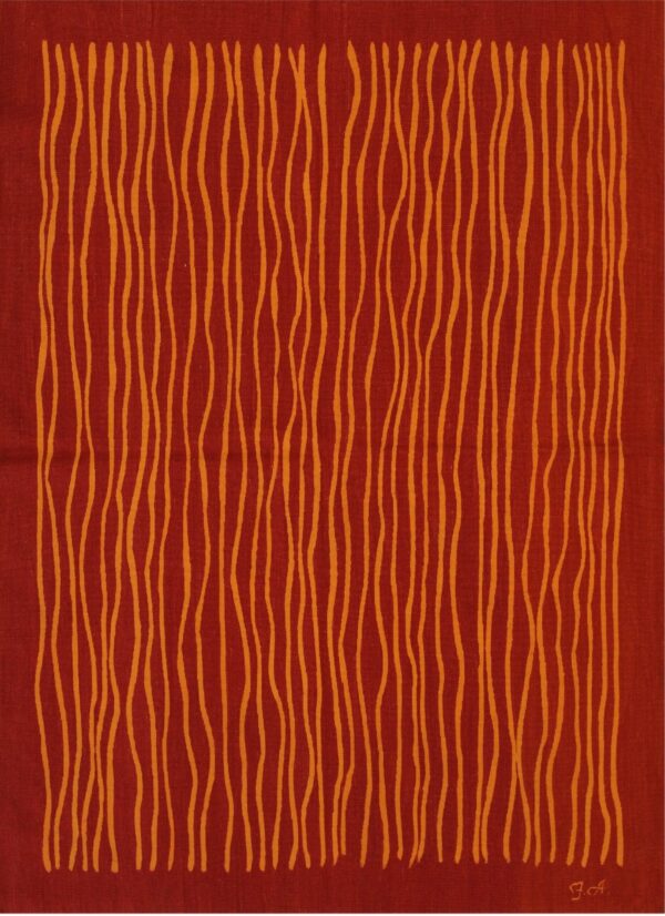Flatweave textile featuring vertical wavy orange lines on a solid rust red background.