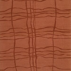 Textured rust-colored rug displays an abstract grid pattern created by darker, irregular, wavy lines.