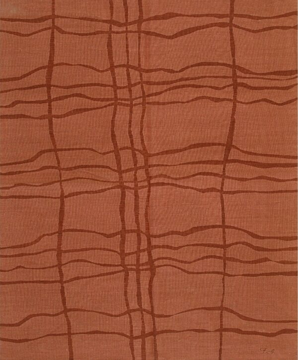 Textured rust-colored rug displays an abstract grid pattern created by darker, irregular, wavy lines.
