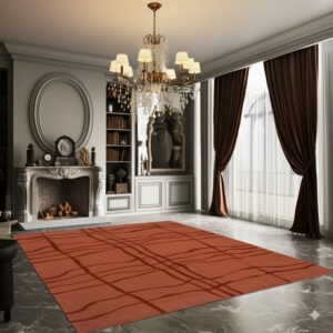 Terracotta rug featuring a dark irregular plaid pattern dominates a formal room with a chandelier.