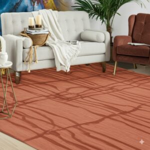 An orange-red rug with a darker linear abstract pattern anchors a seating area with gray and rust furniture.