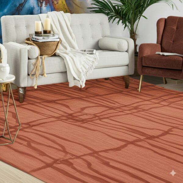An orange-red rug with a darker linear abstract pattern anchors a seating area with gray and rust furniture.