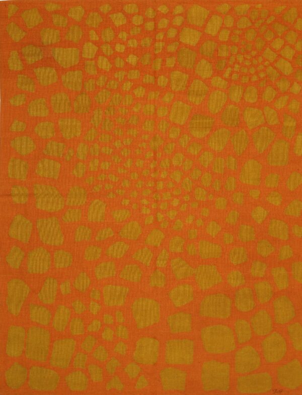 Vibrant orange rug with an abstract design of irregular gold shapes radiating from the center.