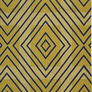 Flatweave rug features nested dark blue diamonds on alternating fields of gold and light beige.