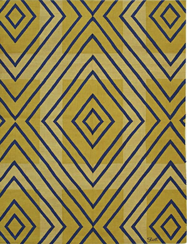 Flatweave rug features nested dark blue diamonds on alternating fields of gold and light beige.