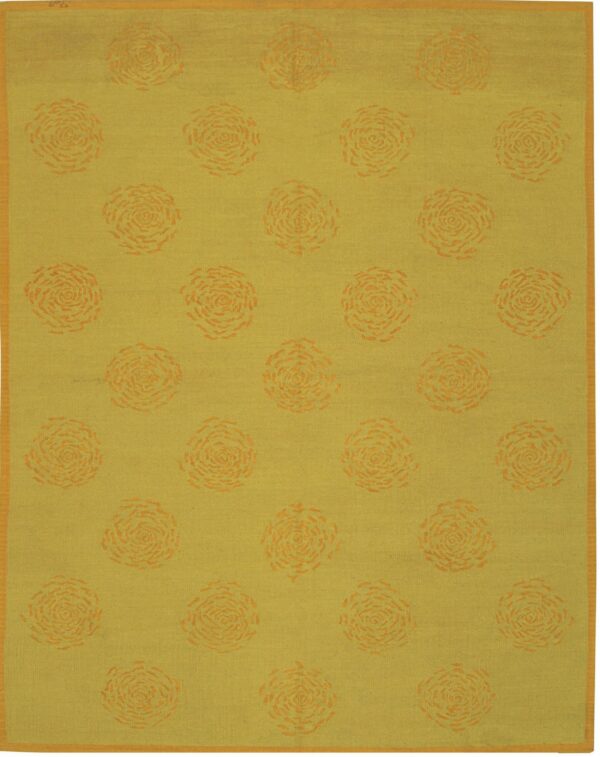 Muted green-yellow rug displaying a grid pattern of orange abstract floral medallions and a matching thin border.