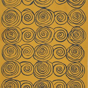 Flatwoven mustard yellow rug patterned with large, repeating navy blue concentric spirals.