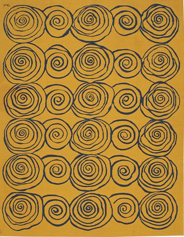 Flatwoven mustard yellow rug patterned with large, repeating navy blue concentric spirals.