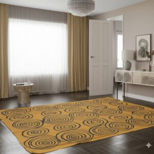 A large gold and navy rug with concentric swirl patterns covers dark wood flooring in a bright room.