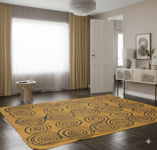 A large gold and navy rug with concentric swirl patterns covers dark wood flooring in a bright room.