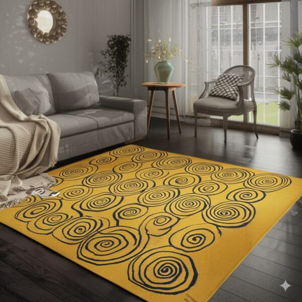 Yellow rug featuring large black swirling spiral patterns in a gray living room with dark wood floors.