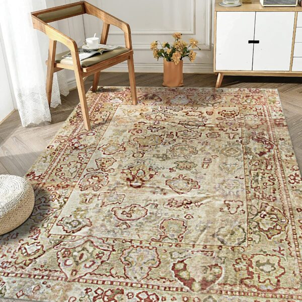 Beige distressed rug with muted red and green traditional patterns covers a wood floor in a sunlit room.
