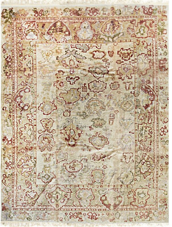 Beige and cream distressed rug featuring an abstract medallion pattern in muted red and olive tones.