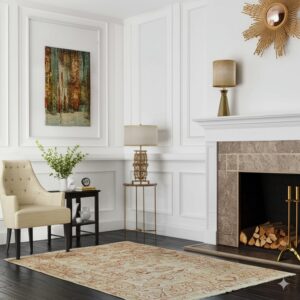 Distressed cream and rust patterned rug on dark wood floors in a formal white living room.