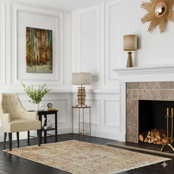Distressed cream and rust patterned rug on dark wood floors in a formal white living room.