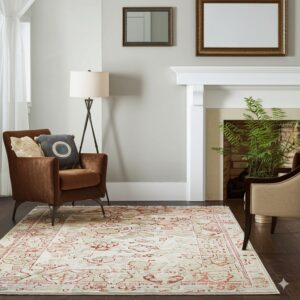 Cream and rust patterned area rug covers dark wood floors in a neutral living space.