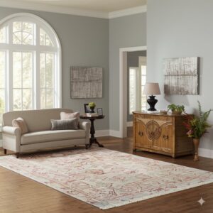 Low-pile off-white rug with faded rust patterns anchors a sitting room with wood floors and light walls.