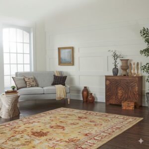 Traditional yellow and red rug on dark wood floors in a bright room with a gray loveseat.