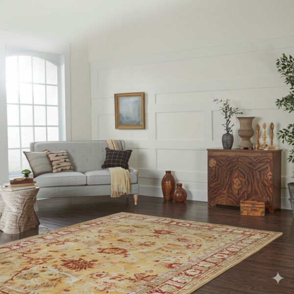 Traditional yellow and red rug on dark wood floors in a bright room with a gray loveseat.