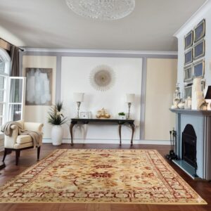Cream and red traditional rug on dark wood floors in a formal room with a gray fireplace.