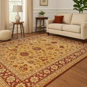 Golden yellow and rust traditional rug grounds a sunlit living room featuring a neutral sofa and wood floor.