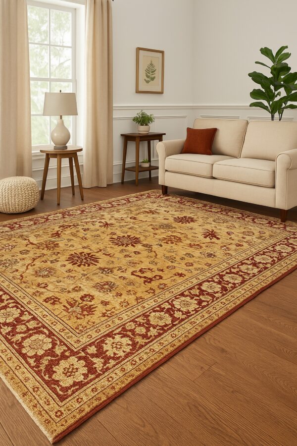 Golden yellow and rust traditional rug grounds a sunlit living room featuring a neutral sofa and wood floor.