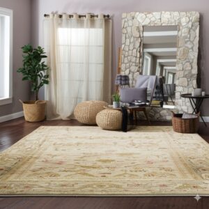 A large beige and gold traditional rug sits on wood floors beneath a rough stone-framed mirror.