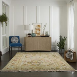 Traditional low-pile rug with cream and gold pattern laid on dark wood flooring near a blue chair.