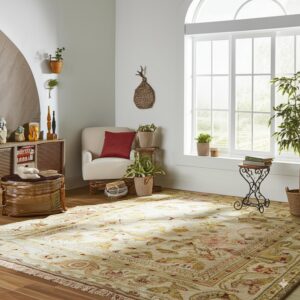 A traditional cream and gold floral rug with fringe covers wood flooring near a large arched window.