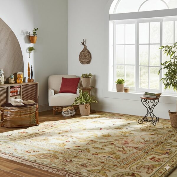 A traditional cream and gold floral rug with fringe covers wood flooring near a large arched window.