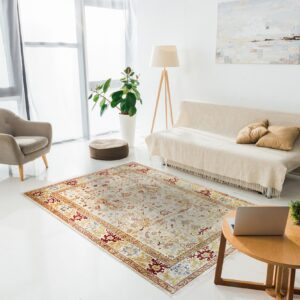 A low-pile beige and red bordered area rug anchors a bright room with white walls and white plank flooring.